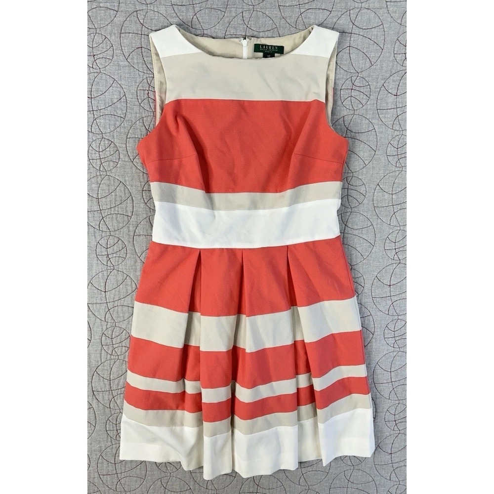 Lauren Ralph Lauren Womens Coral Striped‎ Pleated Sleeveless Dress Size 10 P